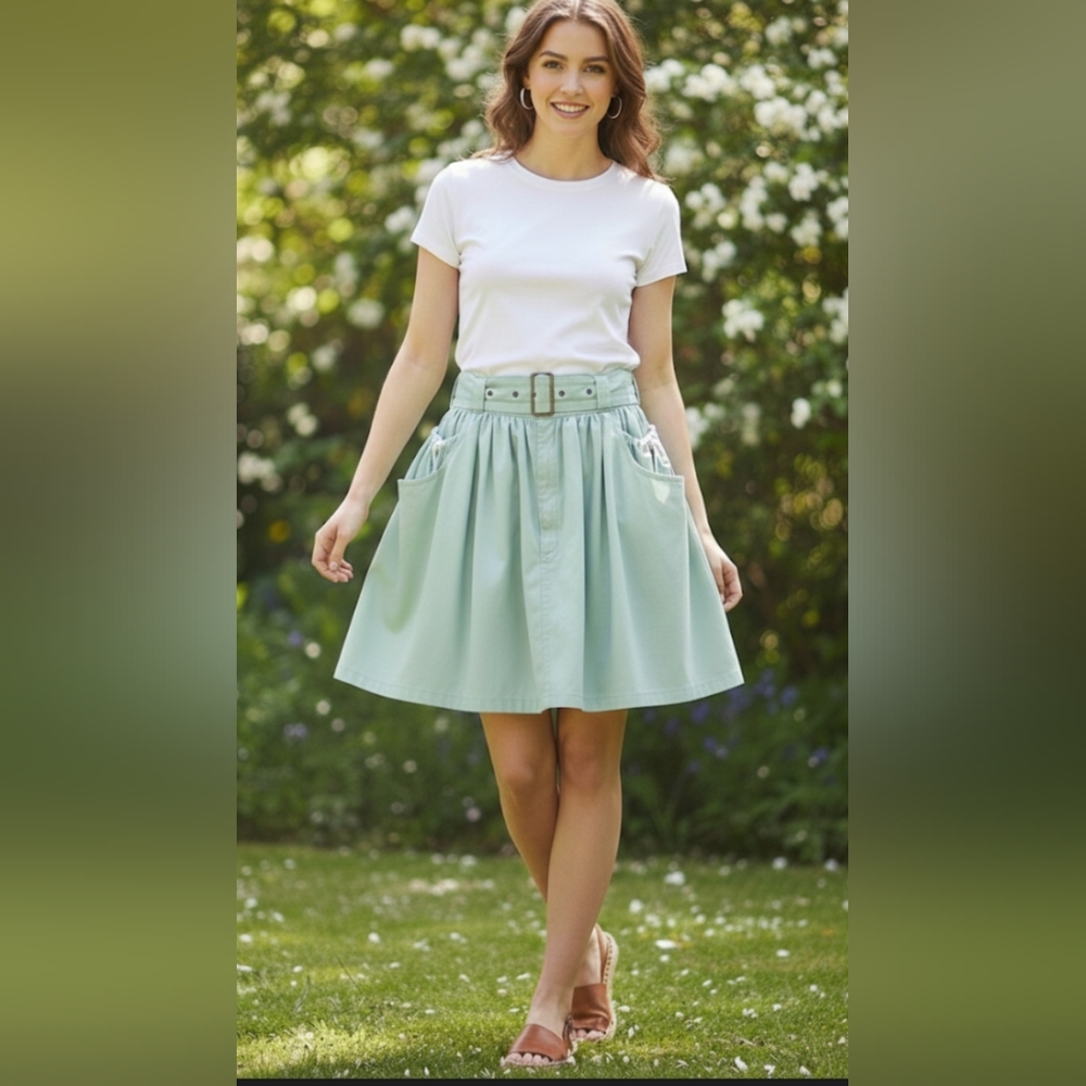 Vintage Green Circle Skirt with Belt And Sinch Pockets Size 9 EUC - Picture 1 of 5